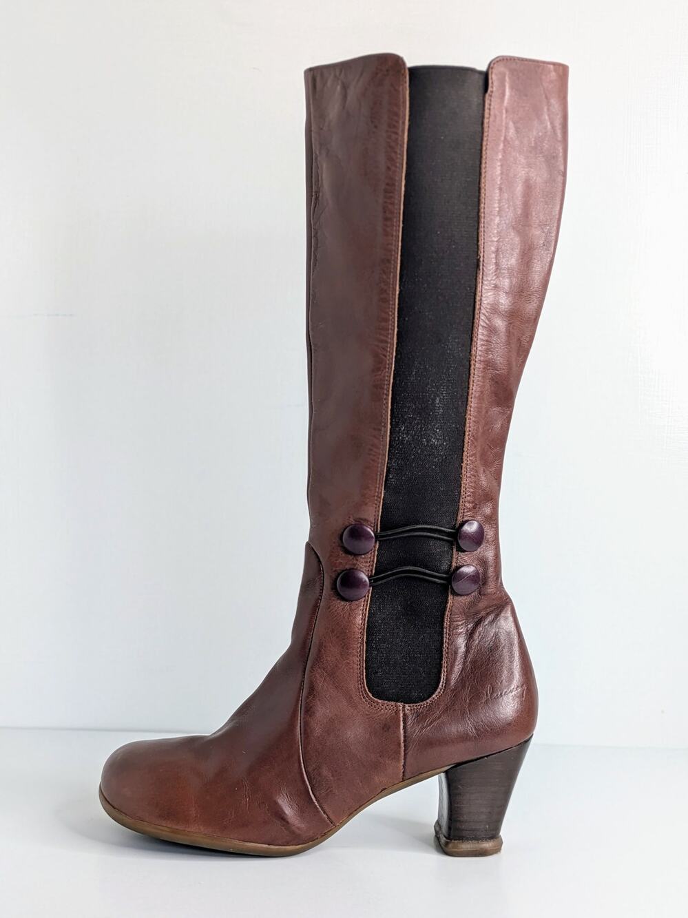 John Fluevog Hey Minstrel Tall Boots 8 Brown Leather Pull On Knee Button 14"